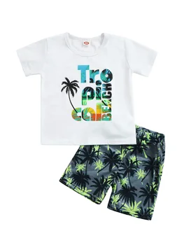 A criança de Bebê Meninos Casual de Duas peças com o Terno Branco em torno do Pescoço T-shirt de Coco Árvore de Impressão Calções de Praia Roupa