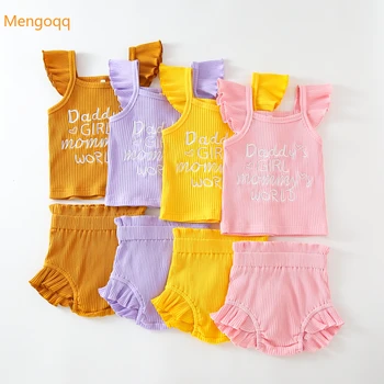 Recém-nascido de Verão Meninas Voar Manga Letra Top T-shirts Sólido Ruched Shorts Calças Infantil Criança Conjunto de Roupas de 2pcs 0-24M