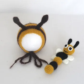 Recém-nascido bonnet foto adereços Conjunto de Crochê Mohair Macio Chapéu de Malha de abelha de Brinquedo e um Chapéu Newbrn Fotografia Adereços
