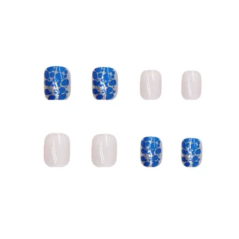 накладные ногти 24PCS Falsas Unhas de Glitter Azul Folhas francês Cobertura Completa Unhas postiças Para as Mulheres, Menina