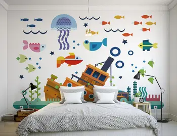 Personalizado de estilo Mediterrâneo, desenhos animados mundo subaquático murais papel de parede, sofá da sala de TV de parede Tema do papel de parede do Quarto