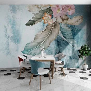 Personalizado mural, papel de parede 3D Nórdicos moderna abstrata pintada à mão da folha da planta mural, sala de TV, sofá quarto Papel De Parede 3D
